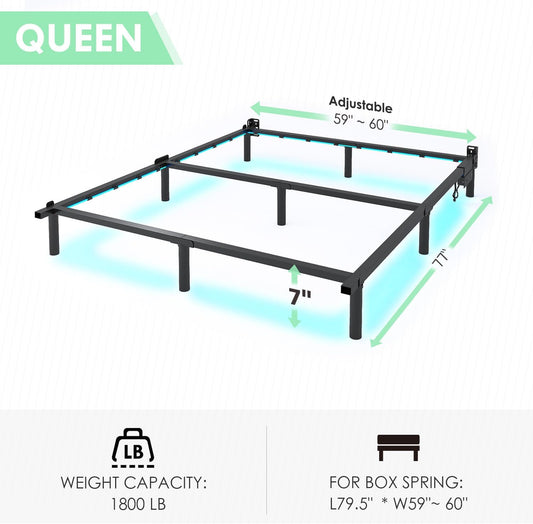 Queen Bed Frame for Box Spring, 7 Inch Metal Bed Frame with LED Lights, 9-Legs Support Bed Base, Tool-Free Easy Assembly