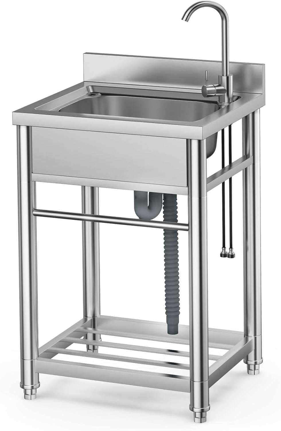 Stainless Steel Utility Sink, Single Bowl Set with Hot and Cold Faucet Water Pipe, Free Standing Commercial Sink for Kitchen Restaurant Laundry Garage Garden Backyard
