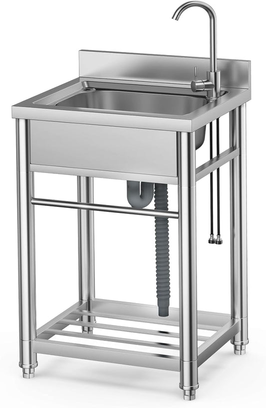 Stainless Steel Utility Sink, Single Bowl Set with Hot and Cold Faucet Water Pipe, Free Standing Commercial Sink for Kitchen Restaurant Laundry Garage Garden Backyard