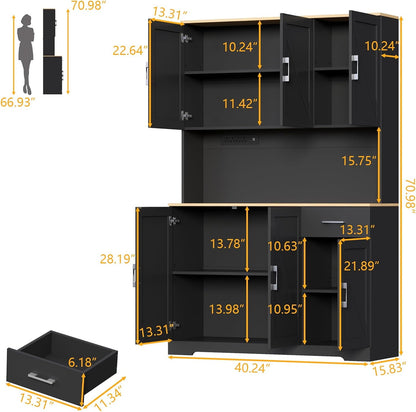 71’’ Farmhouse Kitchen Pantry Cabinet, Tall Storage Cabinet with Power Outlet, Freestanding Hutch with Drawer, 4 Adjustable Shelf & 6 Doors for Kitchen Living Room (Black)