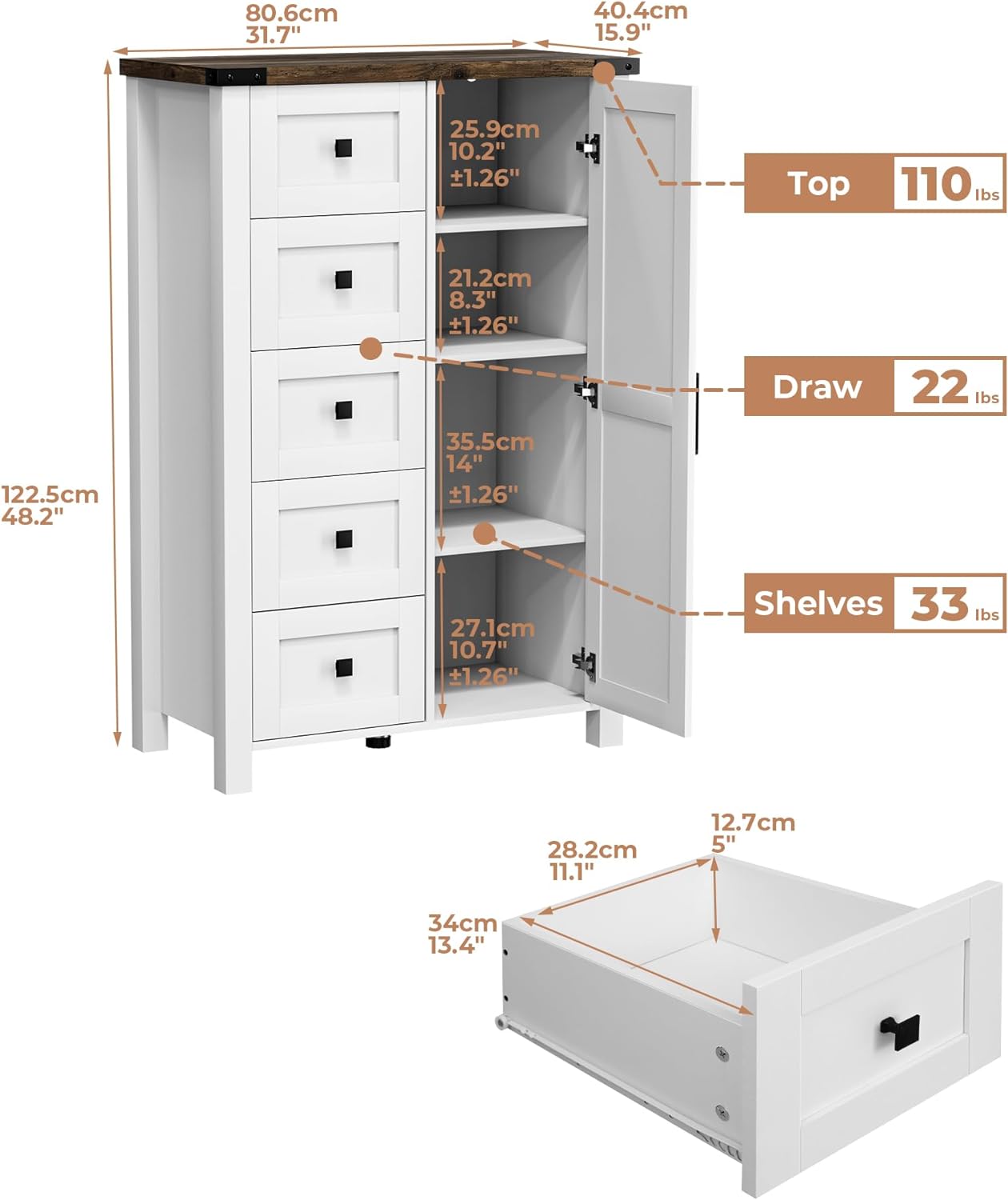 Farmhouse Dresser Storage Cabinet Chest of Drawer for Bedroom, 5 Drawer Dresser with Barn Door, 48 Inch Tall White Wood Dresser, Adjustable Shelves, Rustic, for Living Room, Entryway, Hallway