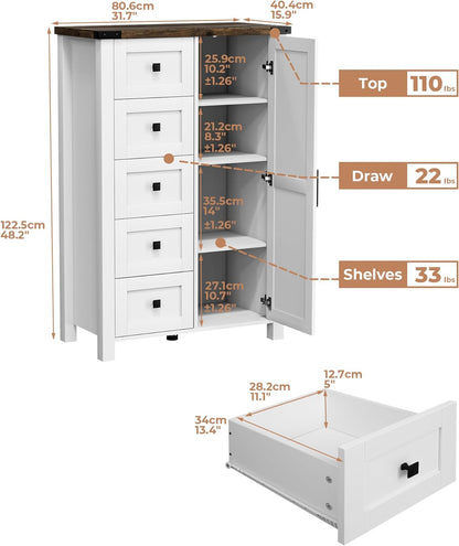 Farmhouse Dresser Storage Cabinet Chest of Drawer for Bedroom, 5 Drawer Dresser with Barn Door, 48 Inch Tall White Wood Dresser, Adjustable Shelves, Rustic, for Living Room, Entryway, Hallway