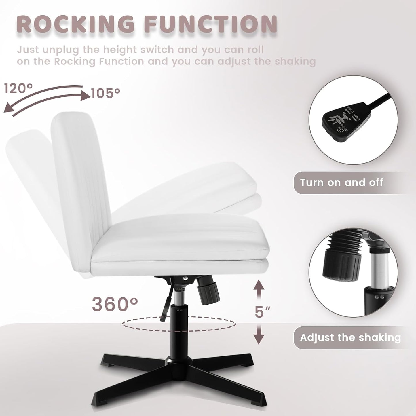 PU Leather Armless Office Desk Chair No Wheels,Criss Cross Legged Wide Padded Seat Swivel Vanity Chair,120°Rocking Mid Back Ergonomic Computer Task Chair for Make Up,Small Space