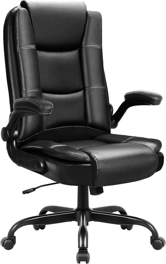 Big and Tall Office Chair Computer Desk Chair - Ergonomic High Back Lumbar Support Home Office Chair with Padded Flip-up Arms, Adjustable Height Leather Office Executive Chair (Black)