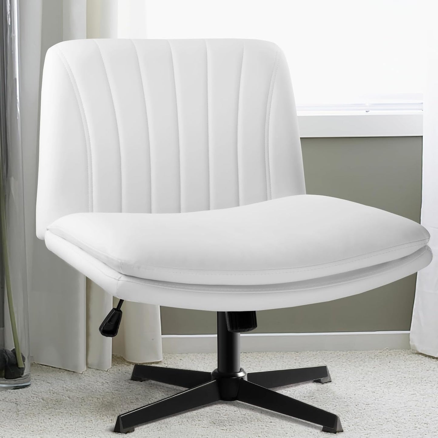 PU Leather Armless Office Desk Chair No Wheels,Criss Cross Legged Wide Padded Seat Swivel Vanity Chair,120°Rocking Mid Back Ergonomic Computer Task Chair for Make Up,Small Space