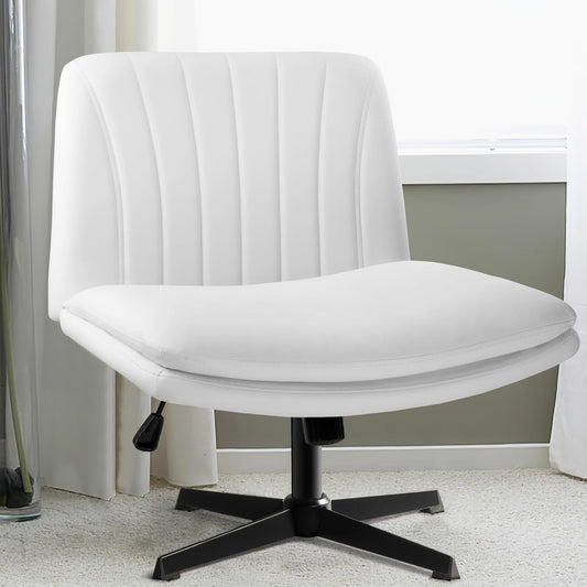 PU Leather Armless Office Desk Chair No Wheels,Criss Cross Legged Wide Padded Seat Swivel Vanity Chair,120°Rocking Mid Back Ergonomic Computer Task Chair for Make Up,Small Space