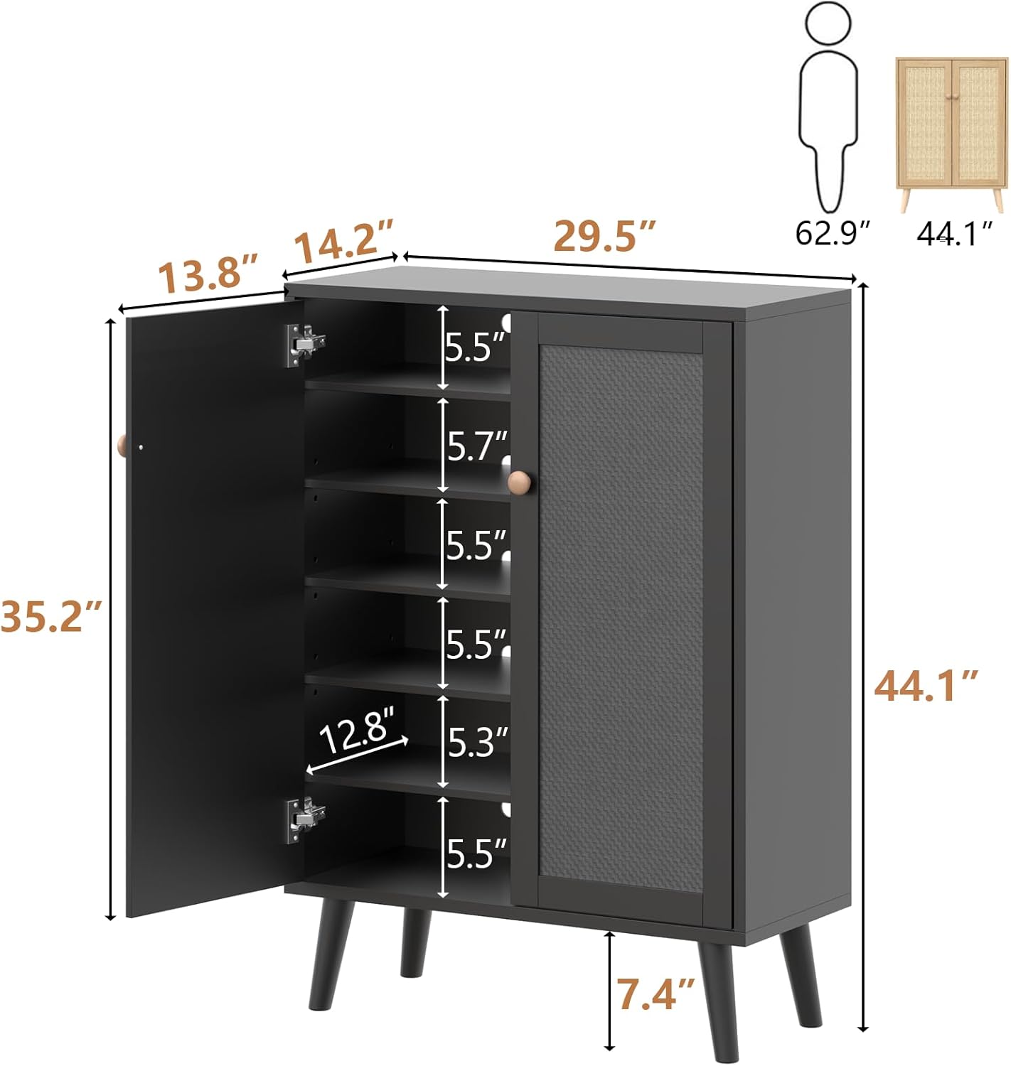 Rattan Shoe Cabinet, 6-Tiers Shoe Storage Cabinet for Entryway Hallway, 2 Door Accent Cabinet with Adjustable Shelves, 44" H Tall Sideboard Storage Cabinet Closet Living Room (Black)