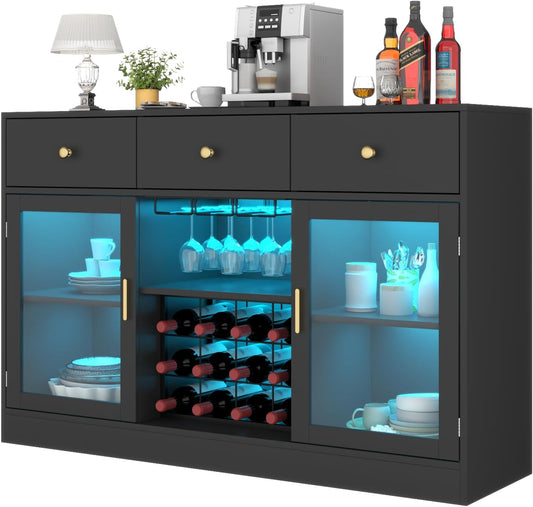 Wine Bar Cabinet with LED Light, Home Coffee Cabinet with Wine and Glass Rack, Kitchen Buffet Sideboard with Storage Cabinet&Drawers, Modern Liquor Cabinet for Living Room Dining Room (Black.)
