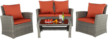 4-Piece Outdoor Rattan Patio Furniture Set Wicker Chairs Table w/ Cushions