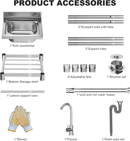 Stainless Steel Utility Sink, Single Bowl Set with Hot and Cold Faucet Water Pipe, Free Standing Commercial Sink for Kitchen Restaurant Laundry Garage Garden Backyard