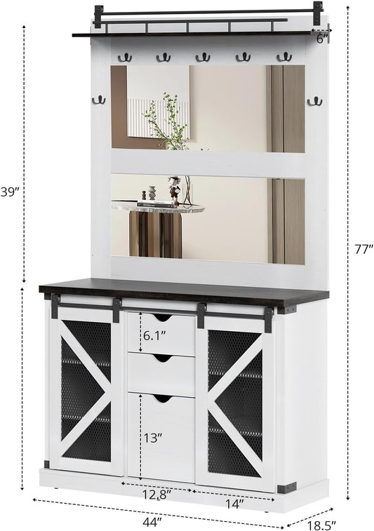 77 Inch Coat Rack with Shoe Storage Cubbies and 3 Drawers, Entryway Furniture with 2 Mirrors, 7 Coat Hooks and Sliding Barn Doors, Mudroom Storage Cabinet, White