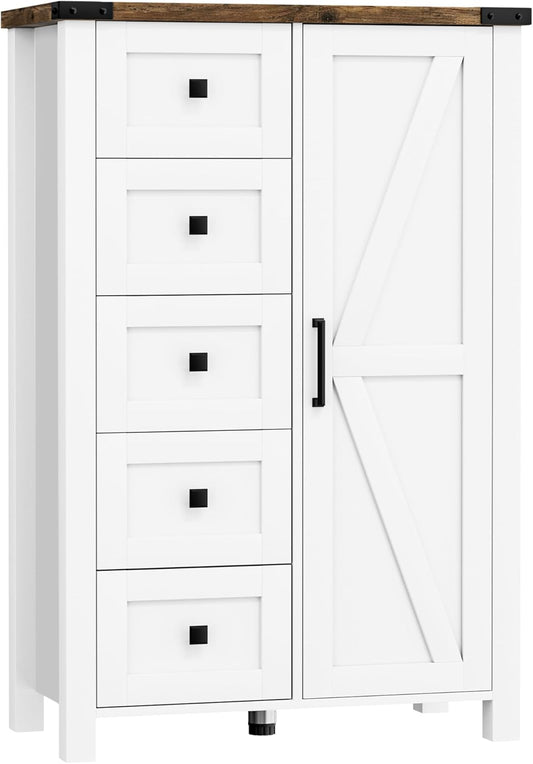 Farmhouse Dresser Storage Cabinet Chest of Drawer for Bedroom, 5 Drawer Dresser with Barn Door, 48 Inch Tall White Wood Dresser, Adjustable Shelves, Rustic, for Living Room, Entryway, Hallway