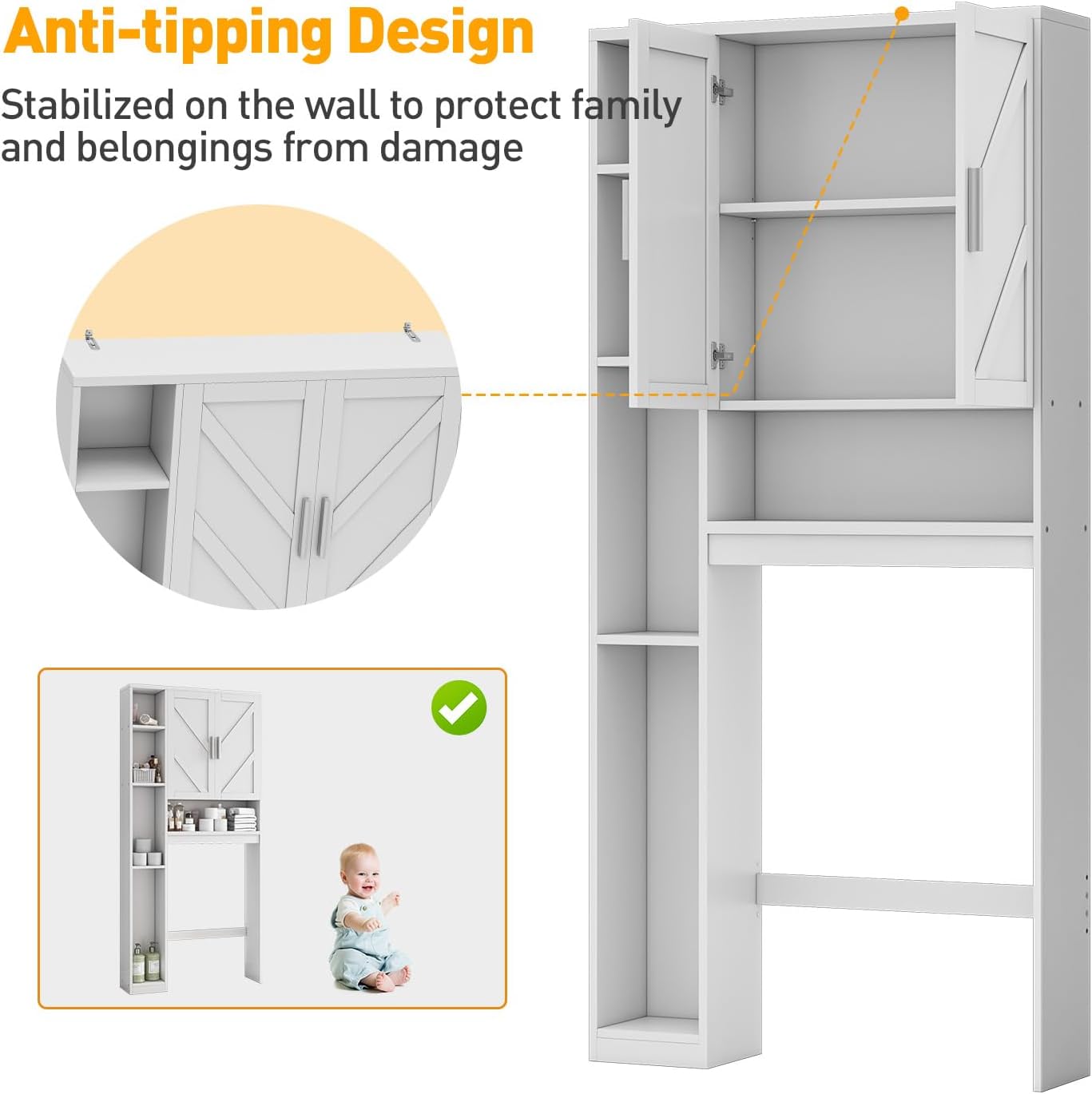 Over The Toilet Storage Cabinet with 7 Storage Shelves, Above Toilet Bathroom Organizer with Toilet Paper Holder Stand, Behind Toilet Cabinet, Space Saver for Restroom, Bathroom, Laundry, White