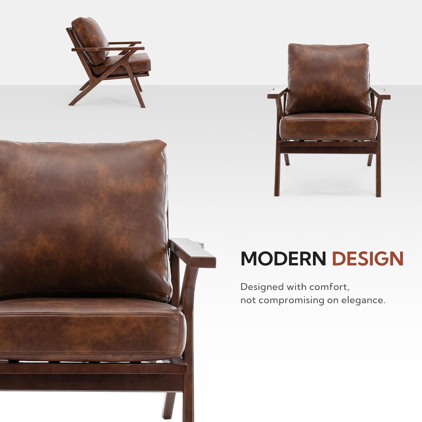 Mid-Century Modern Accent Chair for Living Room, Comfy Upholstered Faux Leather Armchair, Retro Leisure Reading Nook Chair with Wooden Frame, Brown