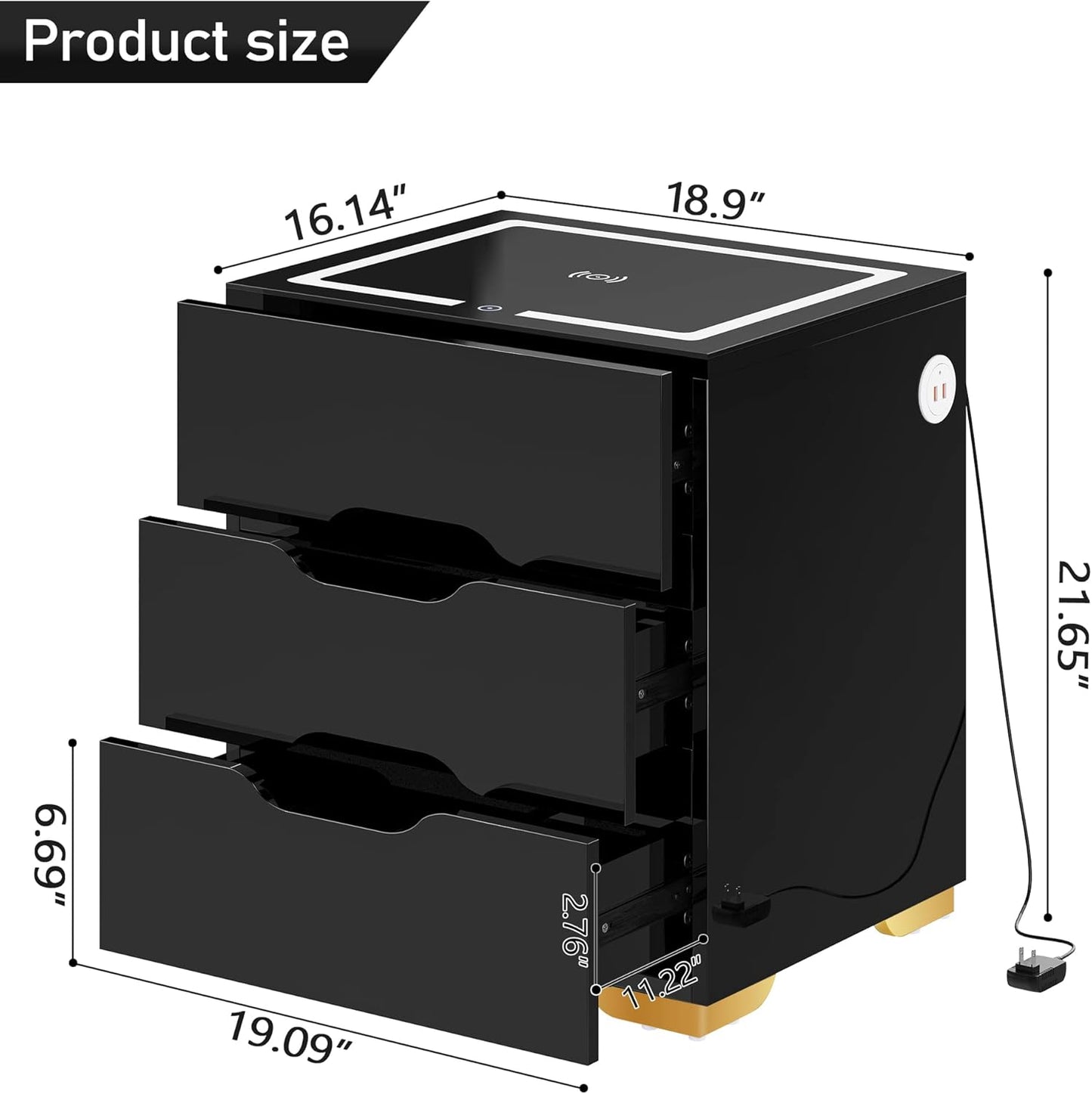 Black Smart Nightstand with Wireless Charging Station & USB Charging, High Gloss Smart Bedside Table with Adjustable LED Lights, End Table Organizer for Bedroom Living Room Office Use