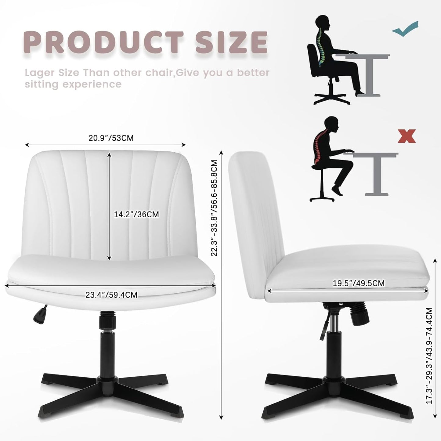 PU Leather Armless Office Desk Chair No Wheels,Criss Cross Legged Wide Padded Seat Swivel Vanity Chair,120°Rocking Mid Back Ergonomic Computer Task Chair for Make Up,Small Space