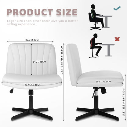 PU Leather Armless Office Desk Chair No Wheels,Criss Cross Legged Wide Padded Seat Swivel Vanity Chair,120°Rocking Mid Back Ergonomic Computer Task Chair for Make Up,Small Space