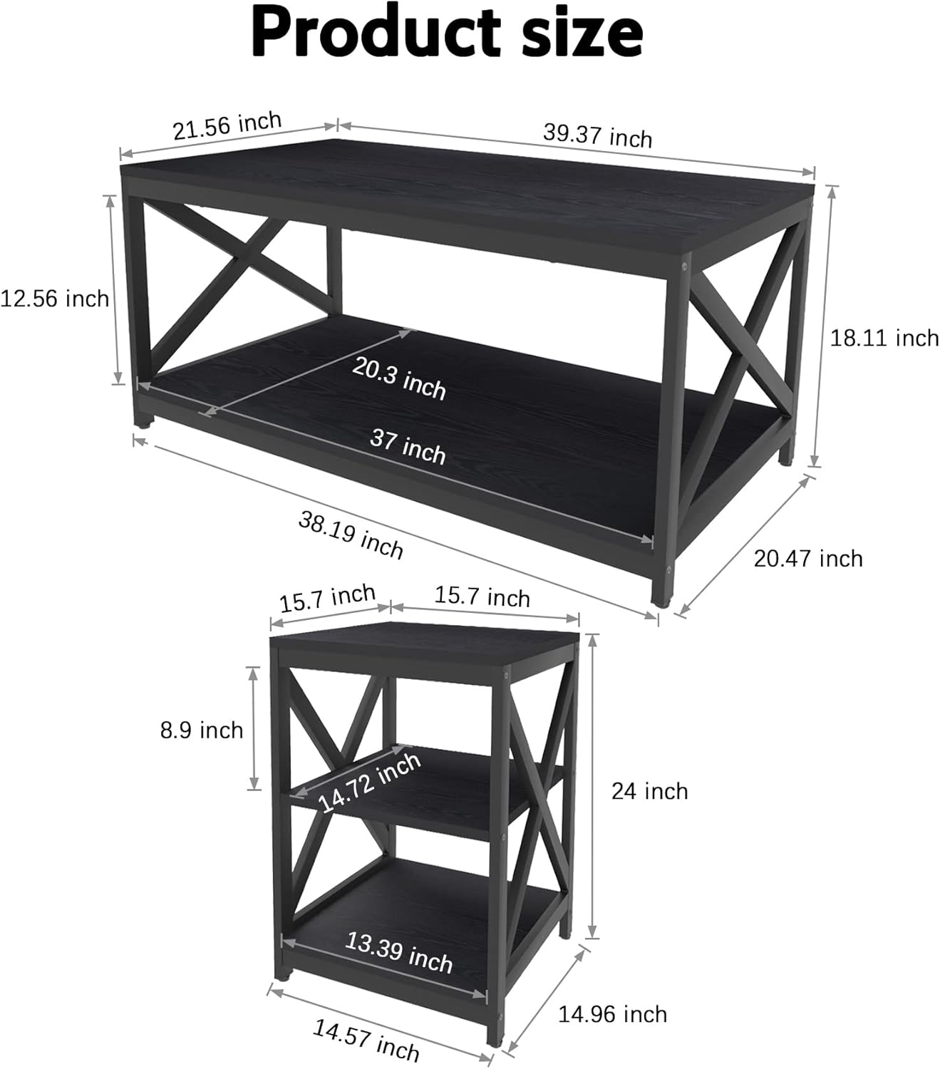 Living Room Coffee Table Set of 3, Industrial X-Design Coffee Table and 2 End Side Tables, 3 Piece Living Room Table Set with Large Storage for Apartment Home (Black)