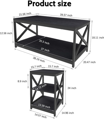 Living Room Coffee Table Set of 3, Industrial X-Design Coffee Table and 2 End Side Tables, 3 Piece Living Room Table Set with Large Storage for Apartment Home (Black)