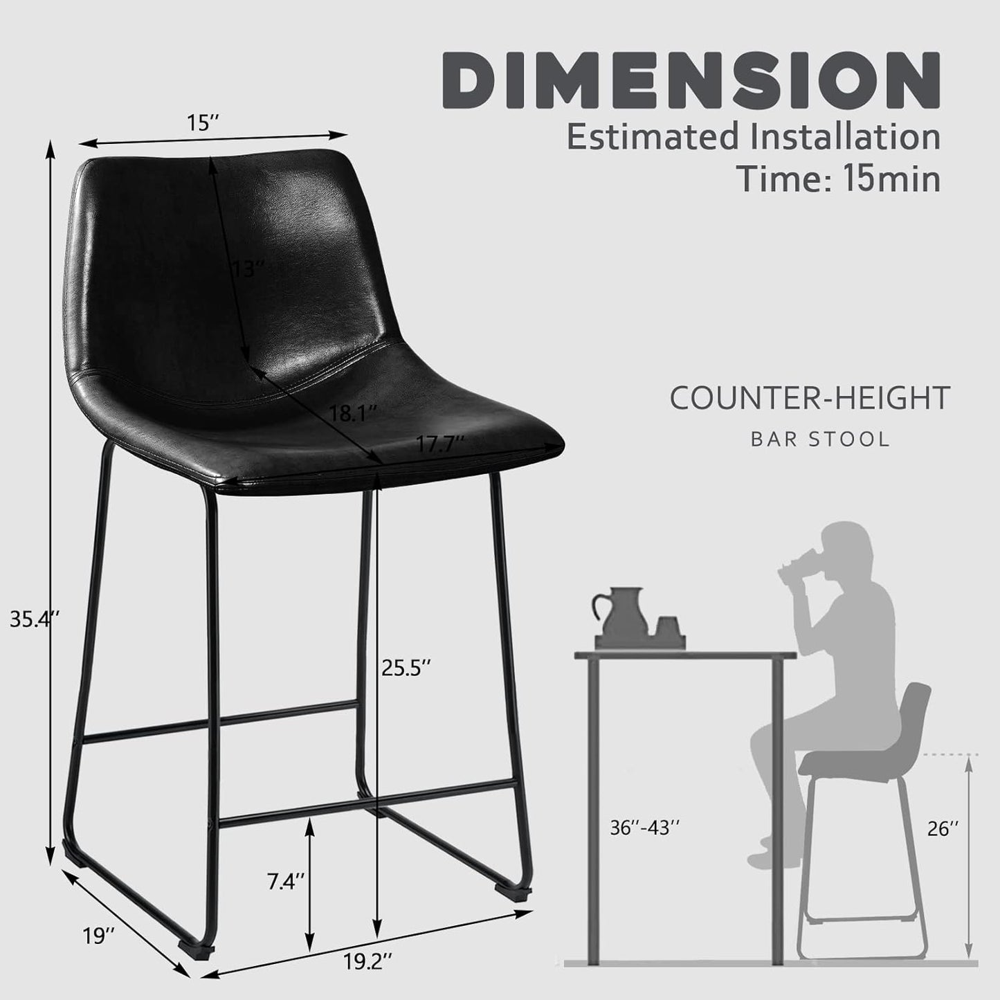 26 inch Bar Stools Set of 2,Counter Height Bar Stools with Back, Modern PU Leather Stools with Metal Leg and Footrest (2 Pcs 26" Counter Height Barstools)