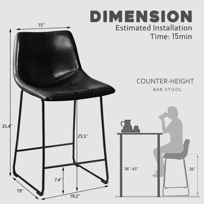 26 inch Bar Stools Set of 2,Counter Height Bar Stools with Back, Modern PU Leather Stools with Metal Leg and Footrest (2 Pcs 26" Counter Height Barstools)