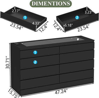 8 Drawer Dresser with Glass Top & Power Outlet, White Dresser for Bedroom with LED Light, Modern Chest of Drawer Double Wide Drawers Organizer Cabinet for Bedroom, Living Room (Black)
