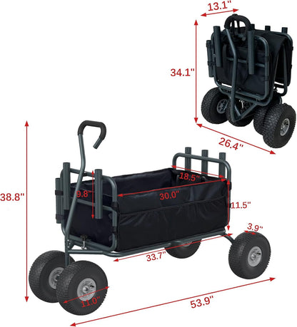 Fishing Cart Beach Carts Heavy Duty Foldable Collapsible Wagon with Big Wheels and Rod Holders 550 Pound Capacity 53.9"x26.4"x38.8"