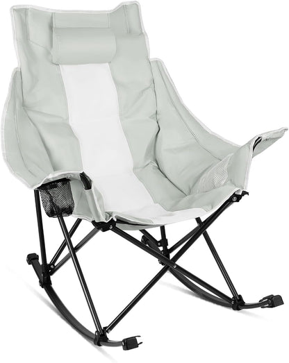 Oversized Rocking Camping Chair, Luxury Padded Recliner,Oversized Folding Lawn Chair with Pocket and Carry Bag,Outdoor Camp Rocker Chairs for Adults Heavy Duty 300 LBS (Grey)