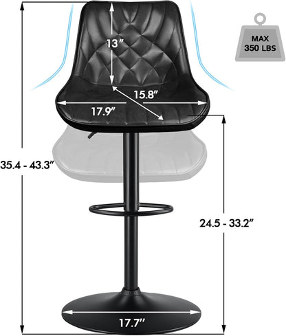 Adjustable Swivel Bar Stools Set of 2, Counter Height PU Leather Bar Stool with Back and footrest, Modern Upholstered Pub Bar Stools for Kitchen Island, 350 LBS Capacity