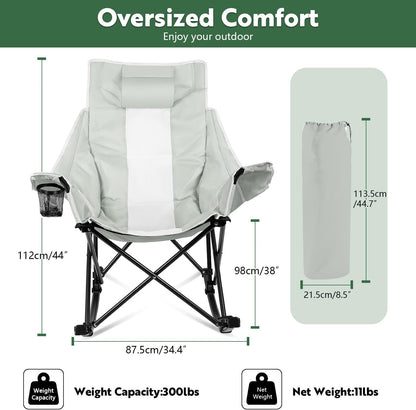 Oversized Rocking Camping Chair, Luxury Padded Recliner,Oversized Folding Lawn Chair with Pocket and Carry Bag,Outdoor Camp Rocker Chairs for Adults Heavy Duty 300 LBS (Grey)