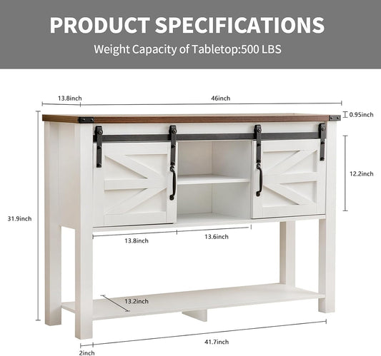 Entryway Table with Sliding Barn Doors, 46'' Farmhouse Console Table with Storage, Rustic Sofa Table with Adjustable Shelf & Open Shelf for Entry Way, Hallway, Living Room, White