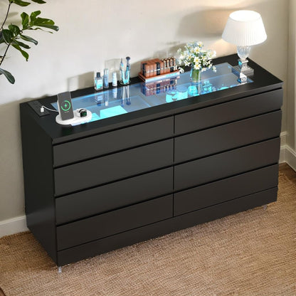8 Drawer Dresser with Glass Top & Power Outlet, White Dresser for Bedroom with LED Light, Modern Chest of Drawer Double Wide Drawers Organizer Cabinet for Bedroom, Living Room (Black)