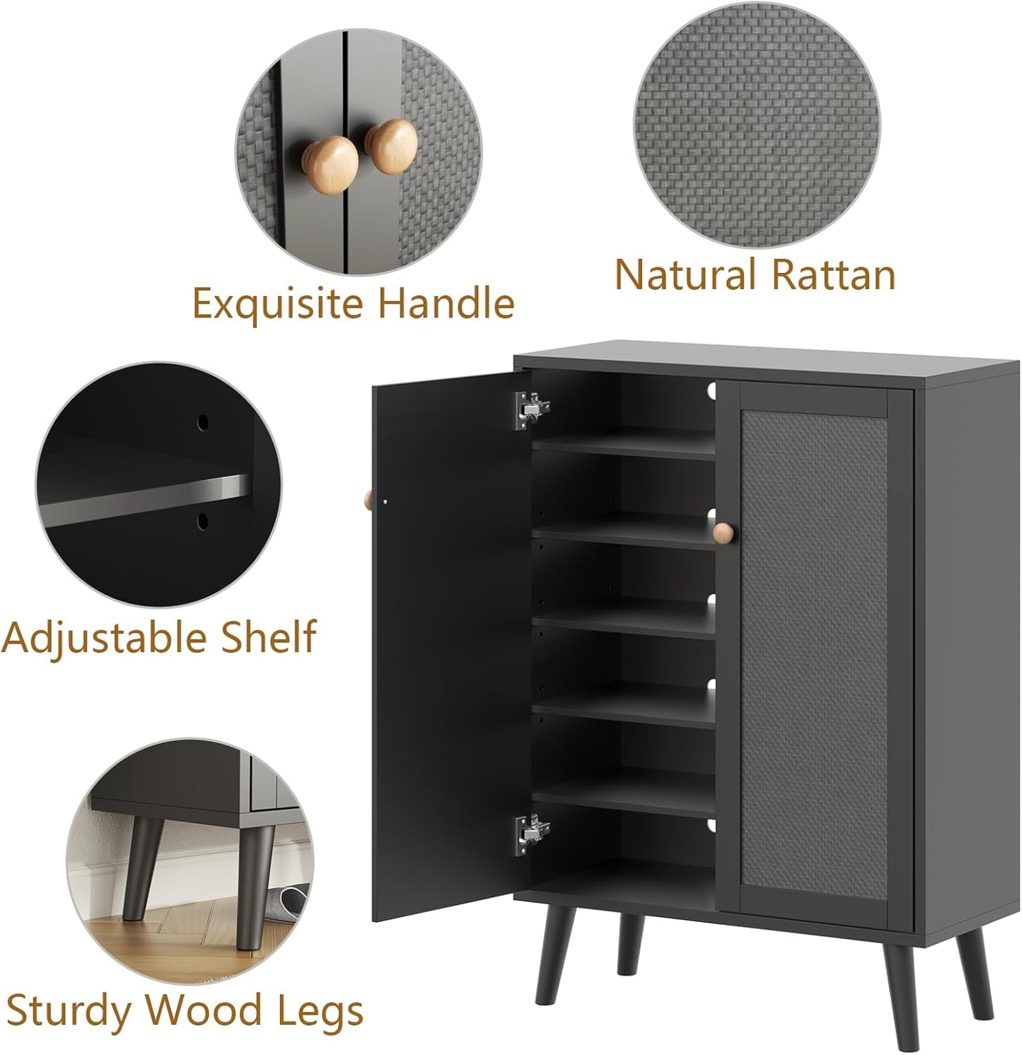 Rattan Shoe Cabinet, 6-Tiers Shoe Storage Cabinet for Entryway Hallway, 2 Door Accent Cabinet with Adjustable Shelves, 44" H Tall Sideboard Storage Cabinet Closet Living Room (Black)
