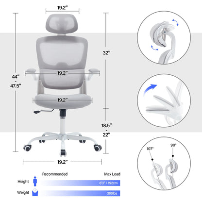 Ergonomic Office Chair with Tilt-Lock, Home Office Desk Chair with Auto Lumbar Support, High Back Mesh Desk Chair with Adjustable Headrest, Swivel Task Chair or Study Room Bedroom,Light Gray