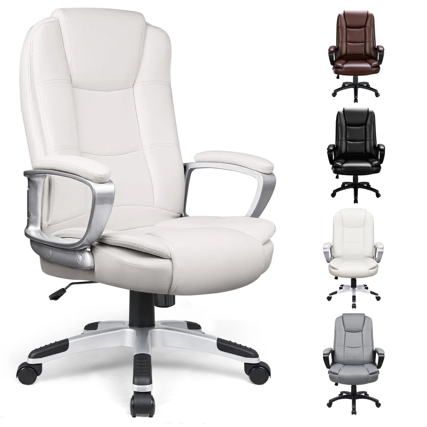 Big and Tall Office Chair Computer Desk Chair - Ergonomic High Back Lumbar Support Home Office Chair with Padded Flip-up Arms, Adjustable Height Leather Office Executive Chair (White)