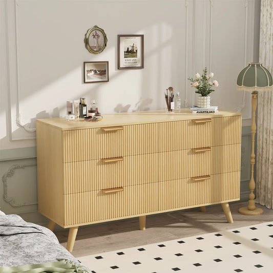 6 Drawer Dresser for Bedroom, Wood Fluted Chest of Drawers, Storage Organizer