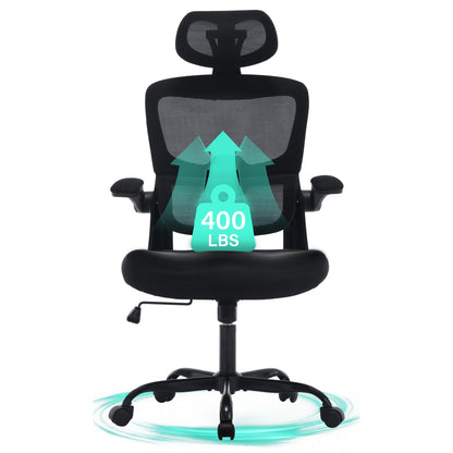 Office Chair, High Back Ergonomic Desk Chair, Mesh Desk Chair with Lumbar Support, headrest and Flip-up Armrests, 400lb, Black