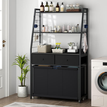 Laundry Hamper Laundry Basket with 3 Section Pull-Out Rolling Bags & 2-Tier Storage Shelf, Laundry Sorter for Organization and Storage with 2 Drawers for Laundry Room, Bathroom