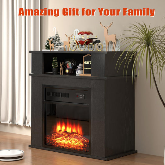 28" Electric Fireplace with Mantel, Small Fireplace tv Stand with 18" Fireplace Insert, 3D Realistic Flame, Portable Freestanding Fireplace with a Shelf for Living Room, Remote Control, Black