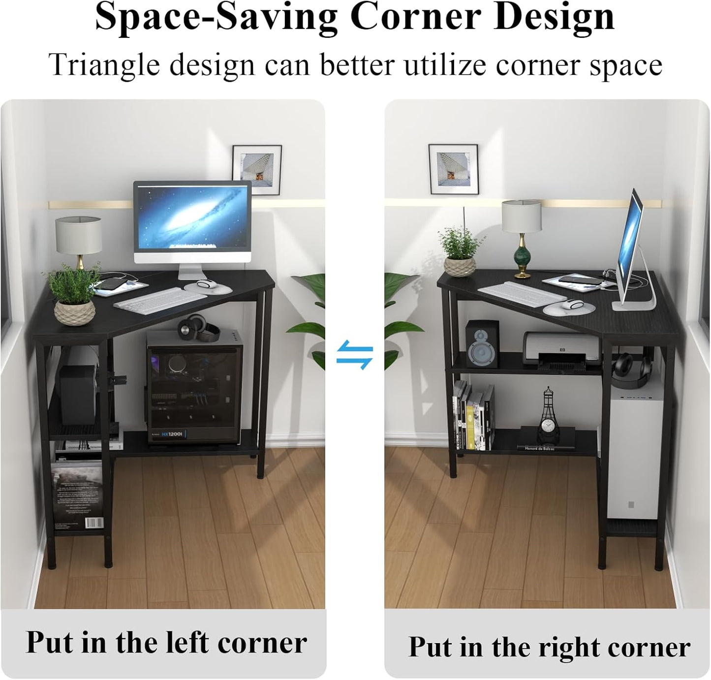 Corner Desk with Outlets & USB Ports, 90 Degree Triangle Corner Table with CPU Stand & Storage Shelves for Small Space, Computer Table with Charging Station for Home Office Bedroom (Black)