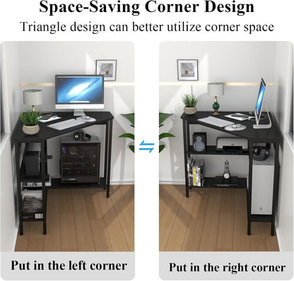 Corner Desk with Outlets & USB Ports, 90 Degree Triangle Corner Table with CPU Stand & Storage Shelves for Small Space, Computer Table with Charging Station for Home Office Bedroom (Black)