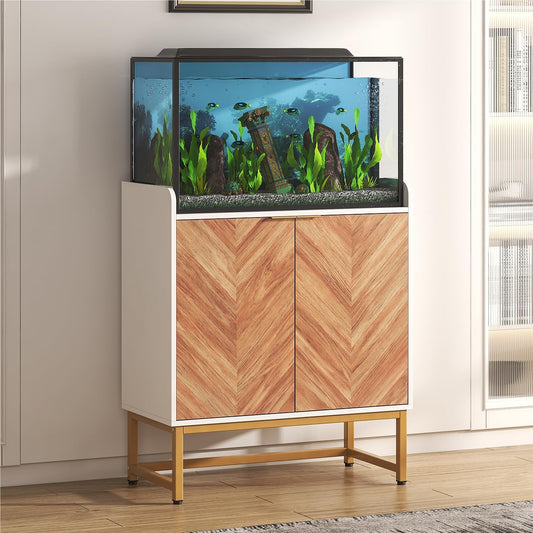 29 Gallon Fish Tank Stand, Small Aquarium Stand 20 Gallon with Doors & Adjustable Shelves, Boho Sideboard Coffee Bar Cart, Kitchen Cupboard Console Table, 30.5" L×15.7" W×35" H, White/Gold