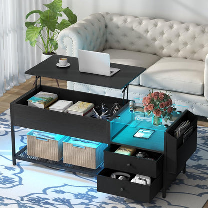 Lift Top Coffee Table with LED Light & Power Outlet, Retro Coffee Tables with Storage Drawers Hidden Compartment, Centre Table with Tempered Glass Top, Side Bag for Living Room (Black)