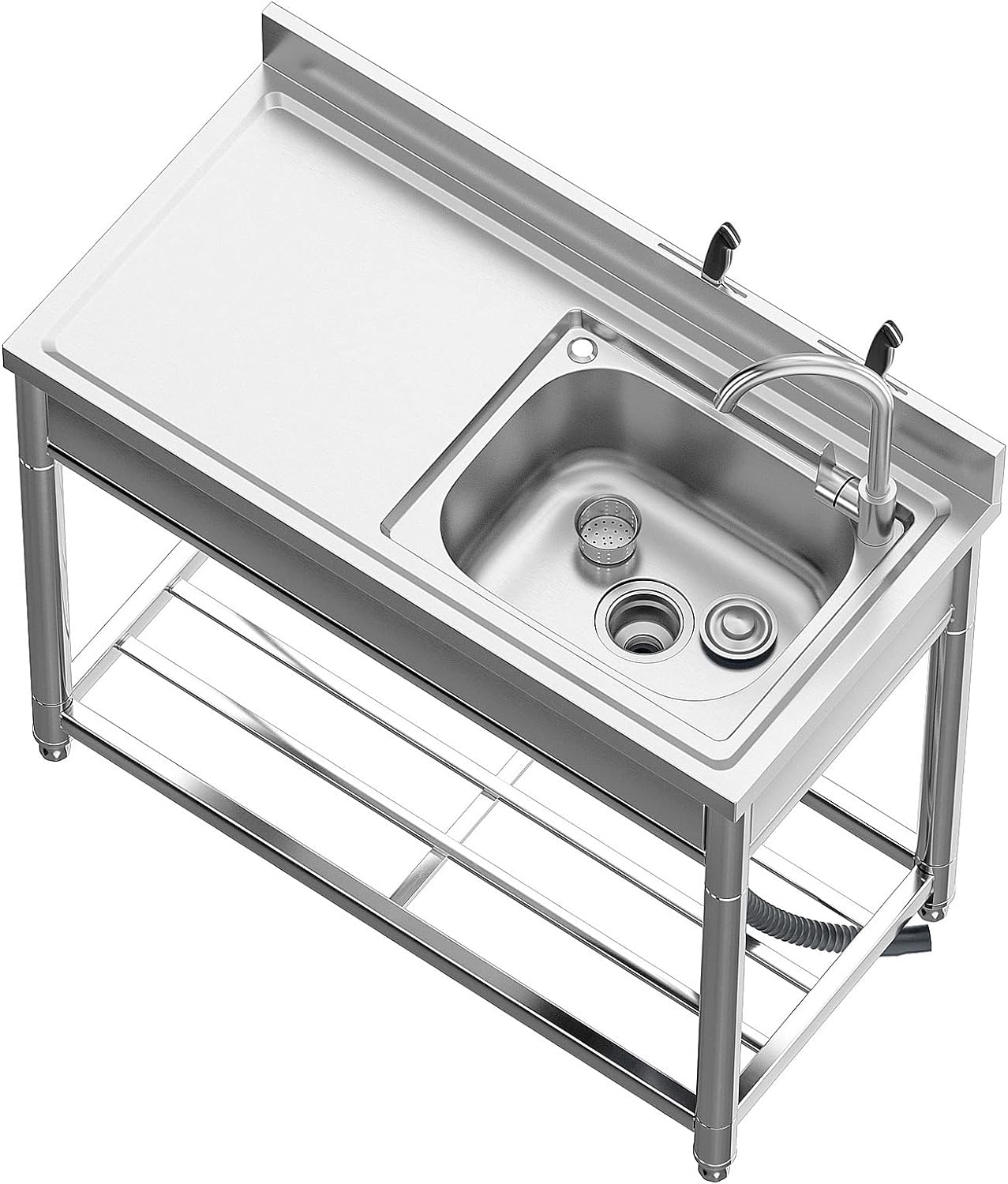 Free Standing Stainless-Steel Single Bowl Commercial Restaurant Kitchen Sink Set w/Faucet & Drainboard, Prep & Utility Washing Hand Basin w/Workbench & Storage Shelves Indoor Outdoor (39 in)