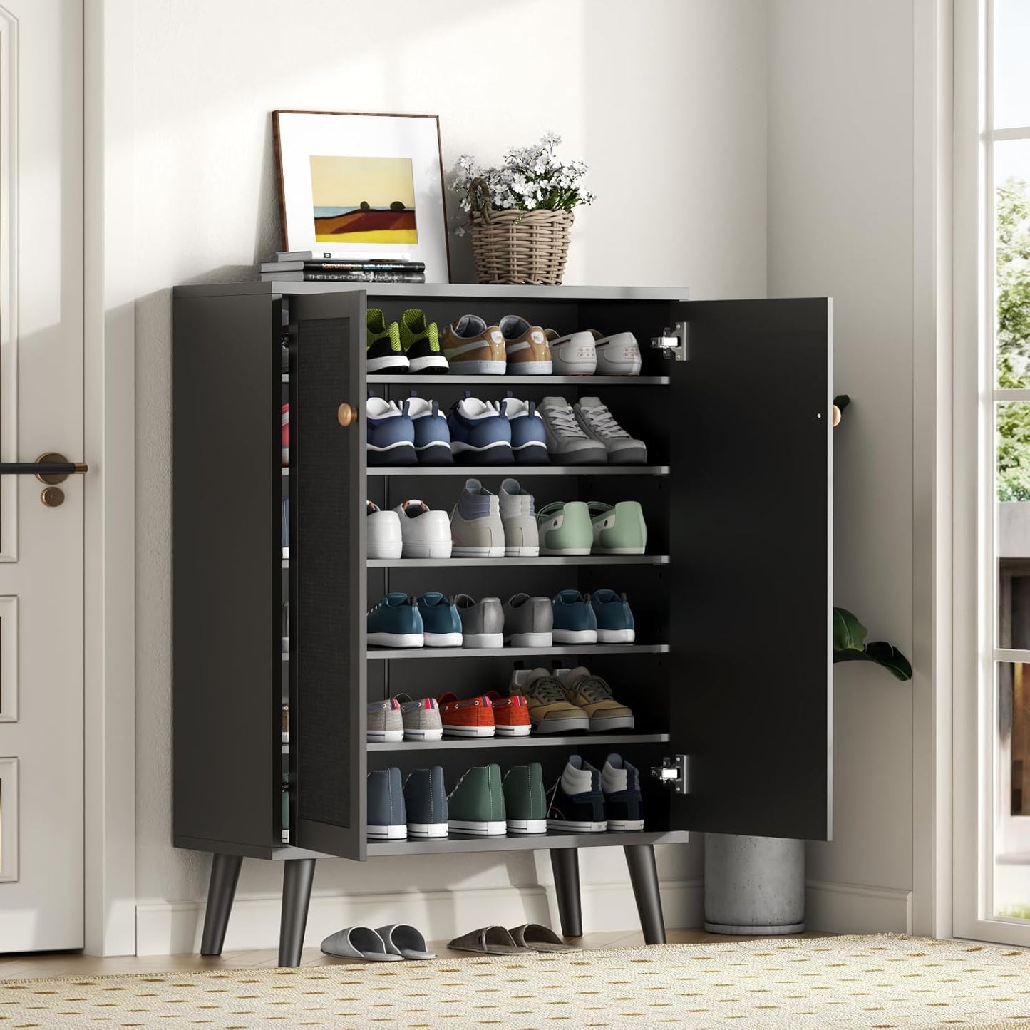 Rattan Shoe Cabinet, 6-Tiers Shoe Storage Cabinet for Entryway Hallway, 2 Door Accent Cabinet with Adjustable Shelves, 44" H Tall Sideboard Storage Cabinet Closet Living Room (Black)