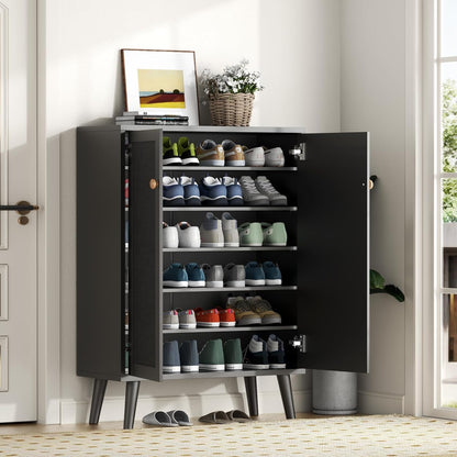 Rattan Shoe Cabinet, 6-Tiers Shoe Storage Cabinet for Entryway Hallway, 2 Door Accent Cabinet with Adjustable Shelves, 44" H Tall Sideboard Storage Cabinet Closet Living Room (Black)