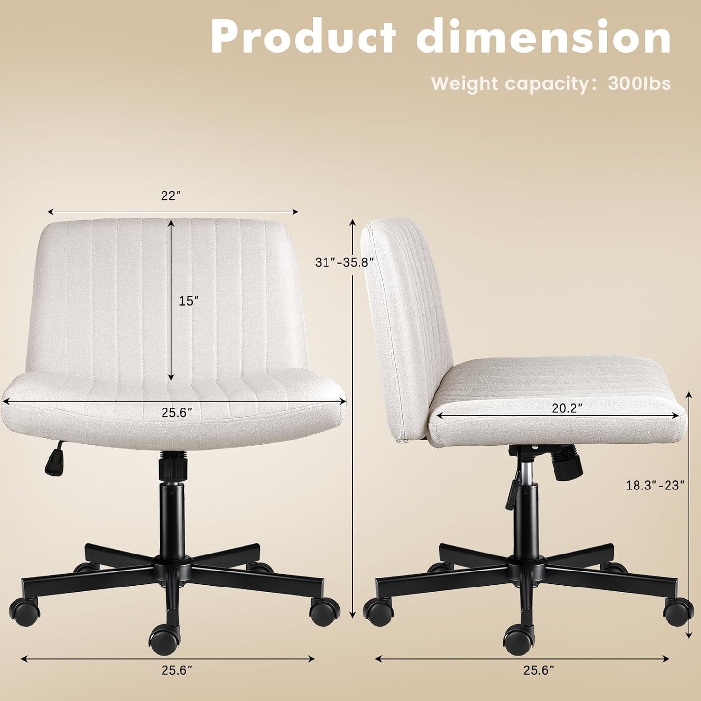 Armless Chair with Wheels, Armless Wide Cross Legged Office Desk Chairs, Fabric Rocking Swivel Computer Task Vanity Makeup Chair for Home Office