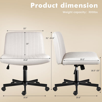 Armless Chair with Wheels, Armless Wide Cross Legged Office Desk Chairs, Fabric Rocking Swivel Computer Task Vanity Makeup Chair for Home Office