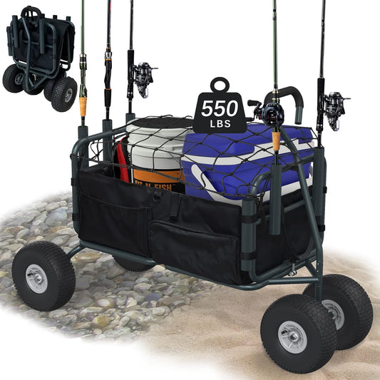 Fishing Cart Beach Carts Heavy Duty Foldable Collapsible Wagon with Big Wheels and Rod Holders 550 Pound Capacity 53.9"x26.4"x38.8"