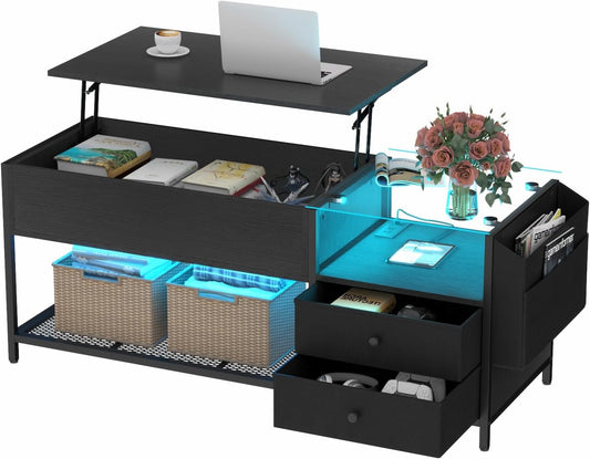 Lift Top Coffee Table with LED Light & Power Outlet, Retro Coffee Tables with Storage Drawers Hidden Compartment, Centre Table with Tempered Glass Top, Side Bag for Living Room (Black)